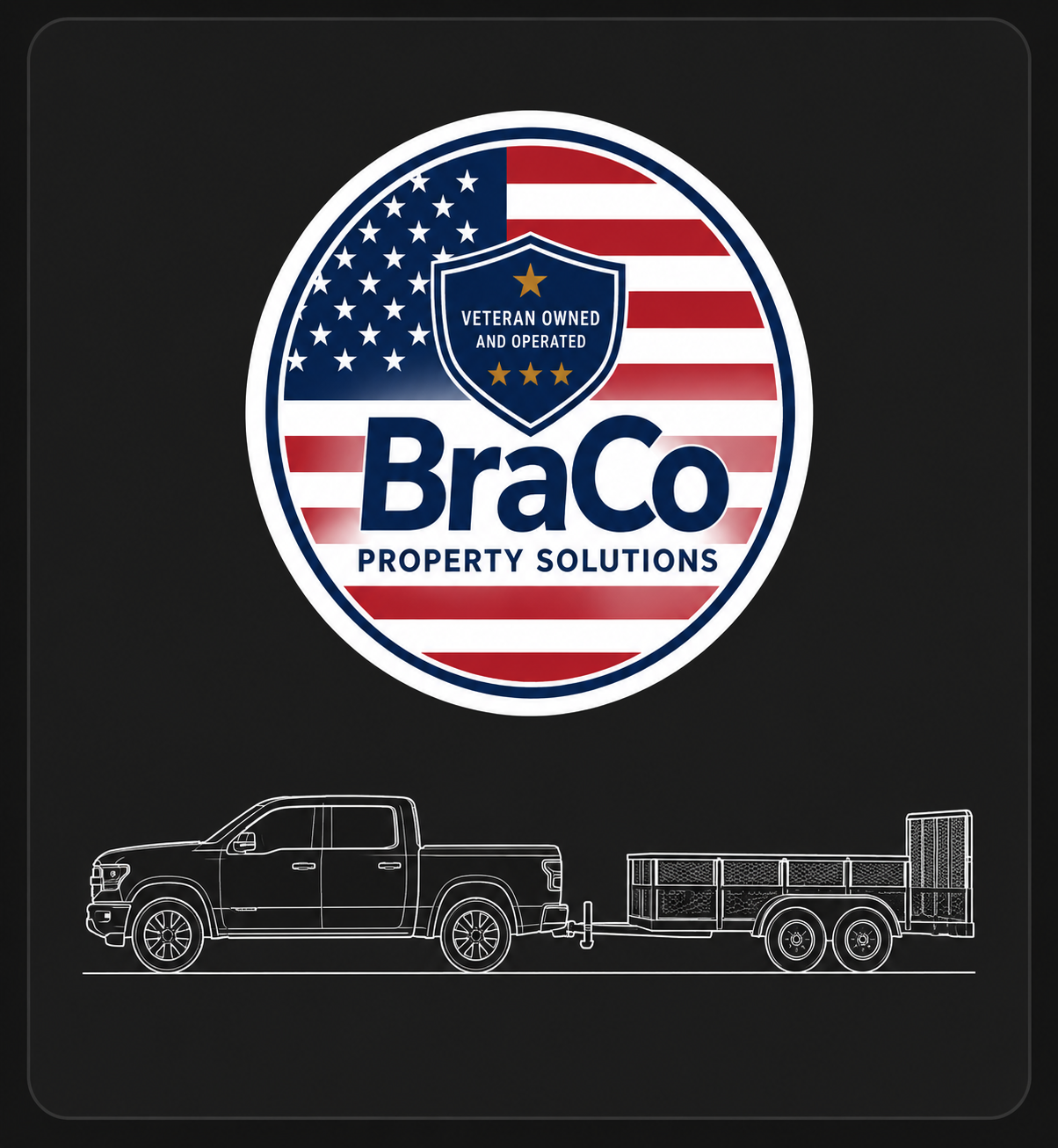 BraCo Property Solutions veteran-owned logo with work truck and trailer