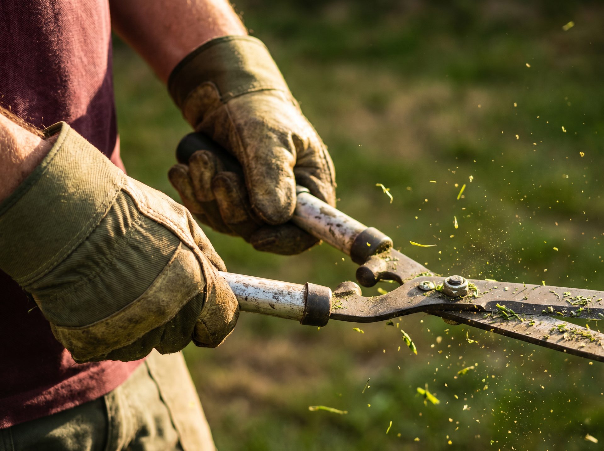 Close-up of gloved hands trimming a hedge
