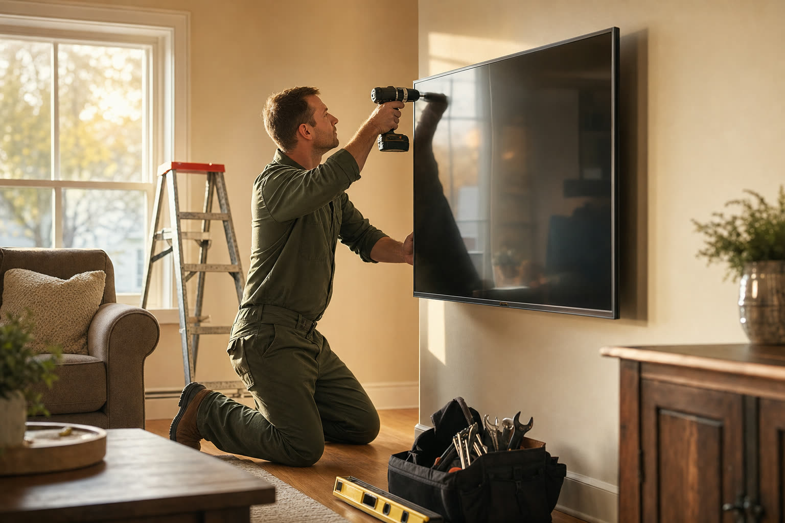 Handyman mounting a TV on a living room wall