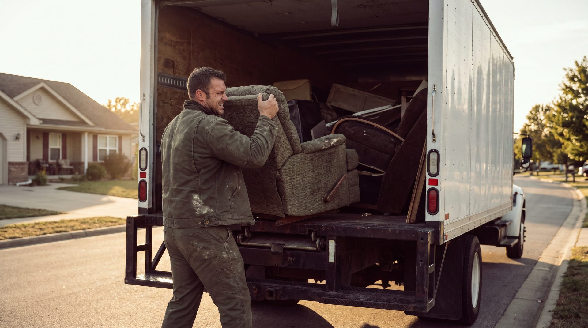 Worker loading furniture into a junk removal truck