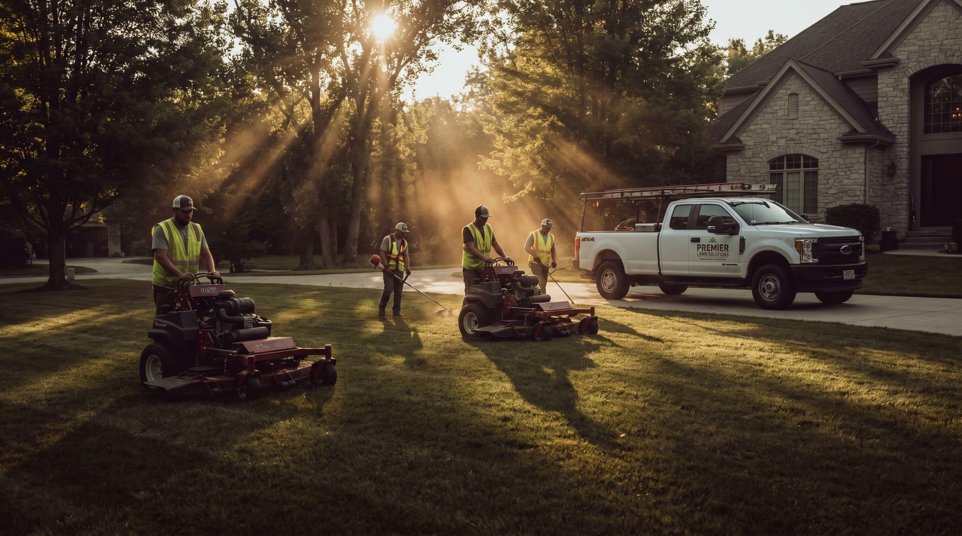Lawn care crew mowing a large suburban lawn at golden hour
