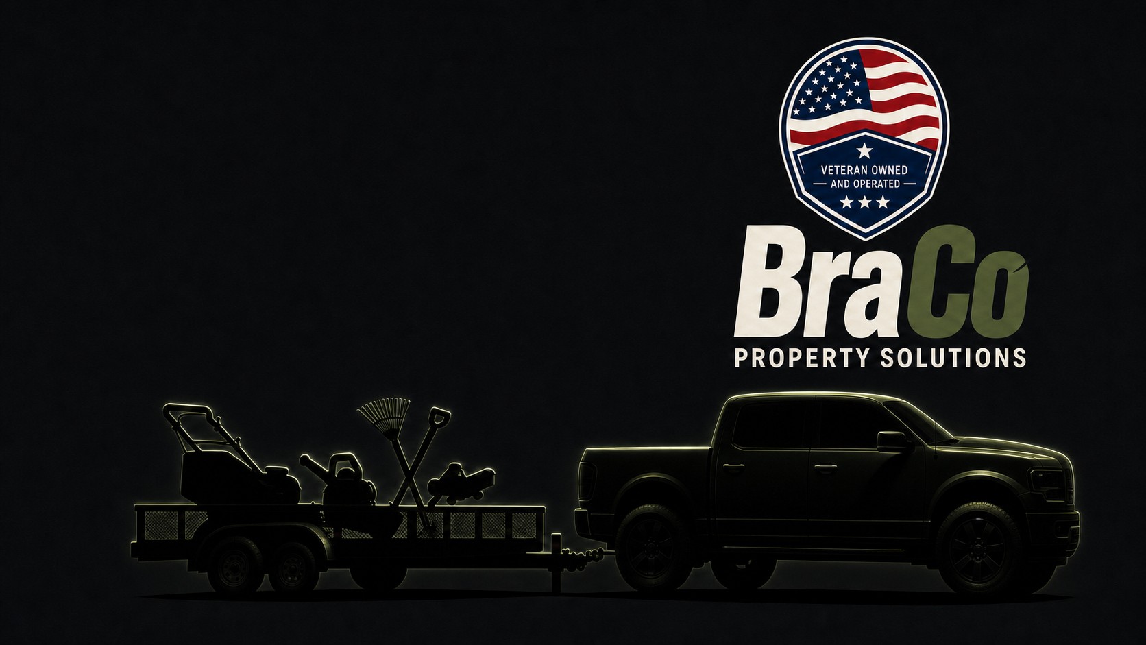 BraCo Property Solutions veteran-owned badge and wordmark over a work truck and trailer